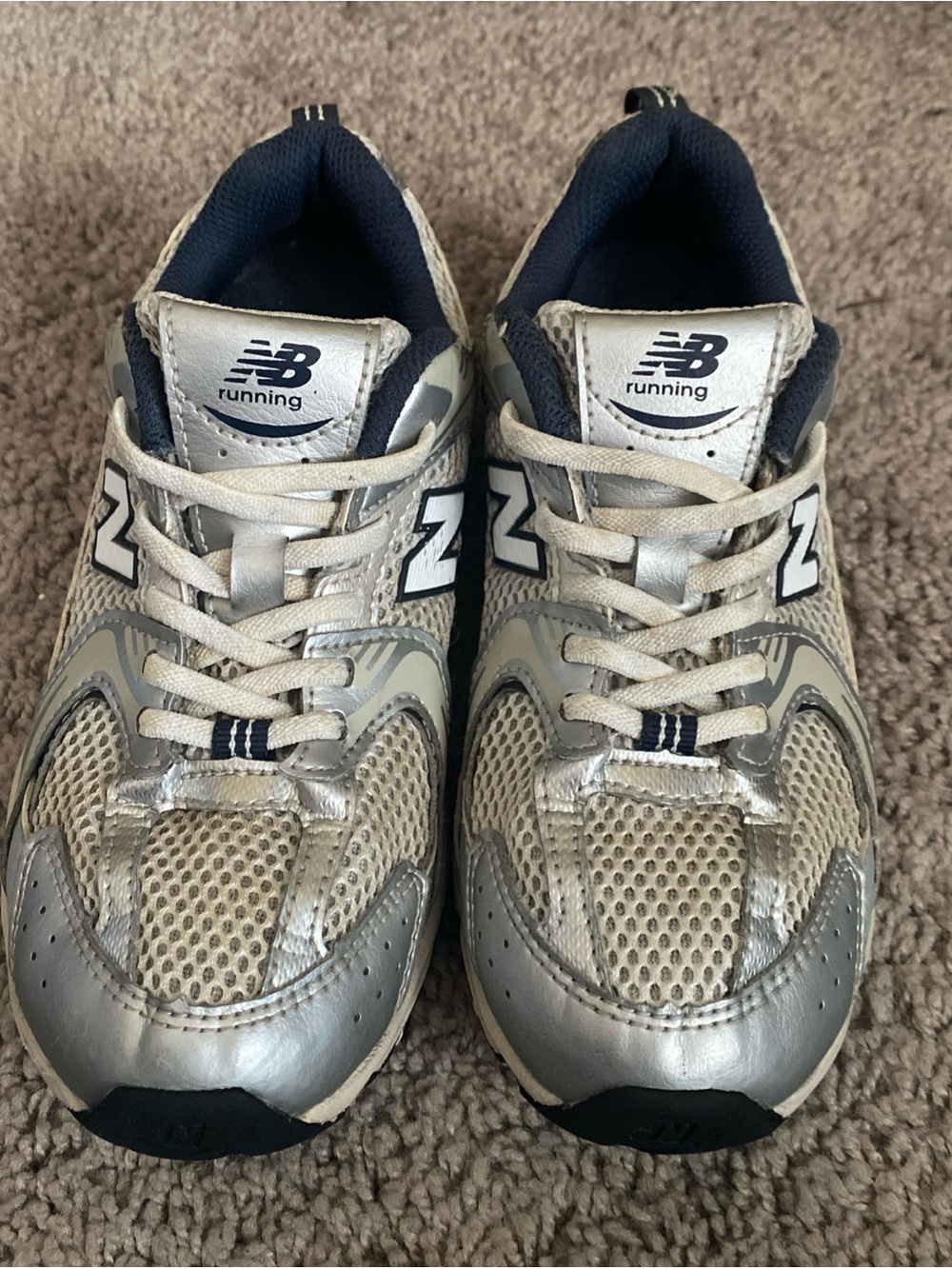 New Balance 530 Kids Silver and Navy Athletic Running Shoes